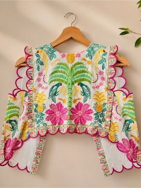 Embroidered Tropical Crop Top - Pink & Green